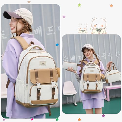 AO ALI VICTORY School Backpack for Girls Women 15.6 Inch Laptop Backpacks College Bookbag Cute Kids Elementary Middle High School Bag with Lunch Box Set for Teens Students Travel Daypack, Brown Set2