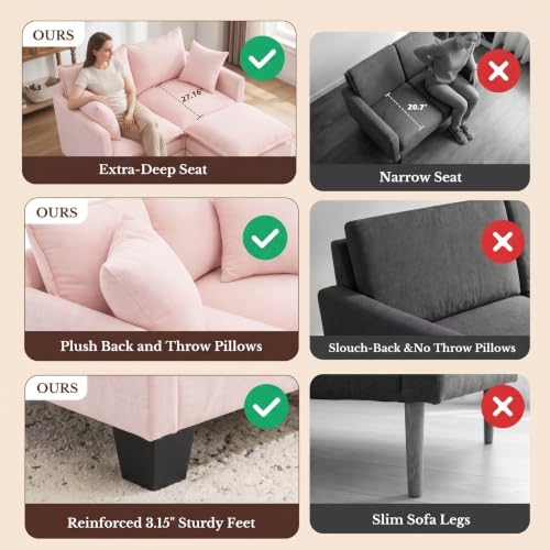 Image of KYJ Cloud Loveseat Sofa Couch with Ottoman 3 Layer Cushion for Small Spaces | 50 inch Chenille Small Sofa, 27 inch Deep Seat, 2 Washable Pillow, in a Box for Bedroom & Living room, Singles, Couple & Kid, Pink