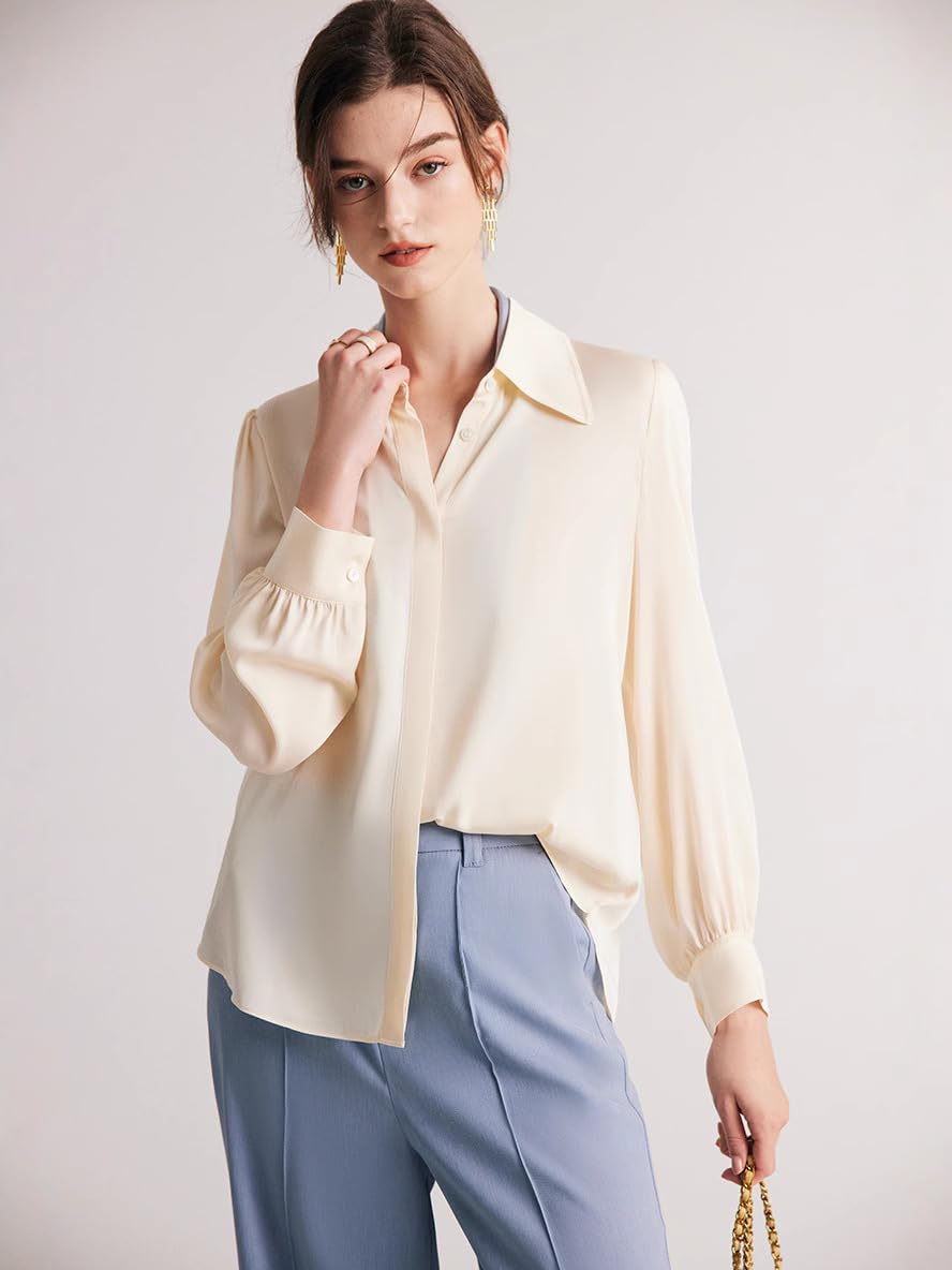 Camisa de Seda Color Crema con Botones para Mujer