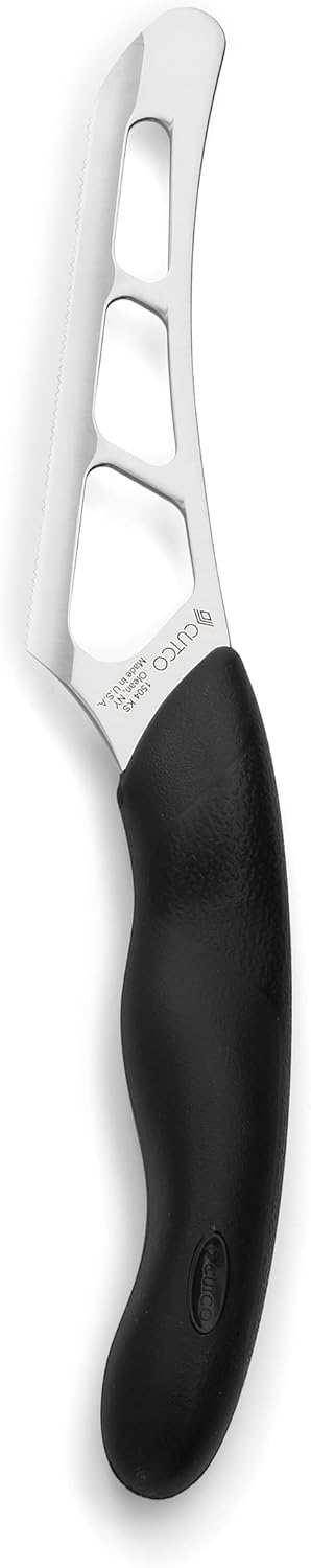 Model 1504 CUTCO Cheese Knife w/ 5.5" Micro-D® serrated edge blade & 5" black Soft Comfort-grip handle. Holes on blade’s surface helps cheese fall away during cutting.