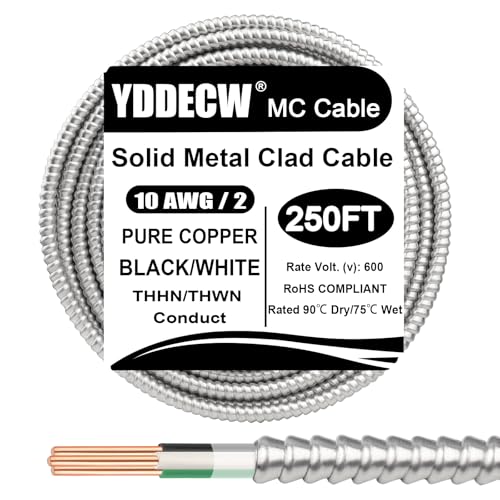 Image of 250ft 10 /2 Metal Clad (MC) Cable with Ground, 10 Gauge Electric Wire with Aluminum Armor, Solid Bare Copper Conductors for Indoor Outdoor Underground Embedded Installation (10 /2, 250 ft)