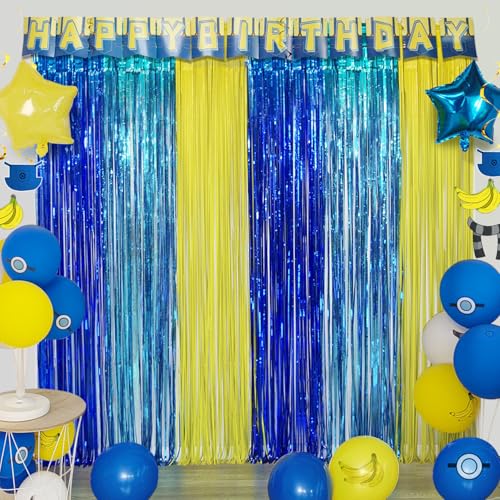 Image of Yellow Jeans Cartoon Themed Birthday Party Decoration, 4 Pack Big Eyes Party Photo Booth Prop, Yellow Jeans Fringe Curtains Tinsel Photo Streamers Backdrop for Cartoon Party Supplies