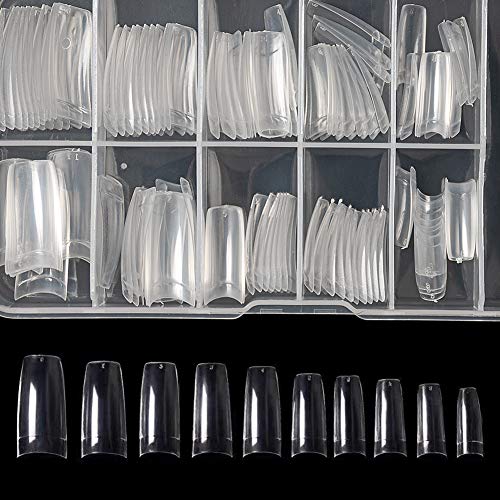 Feugole French Acrylic Nail Tips, Half Cover Clear Fake Coffin Shape Nails 100Pcs10 Sizes Women Artificial False Nails Tips in Clear Box for DIY Salon and Nail Sap (Clear)