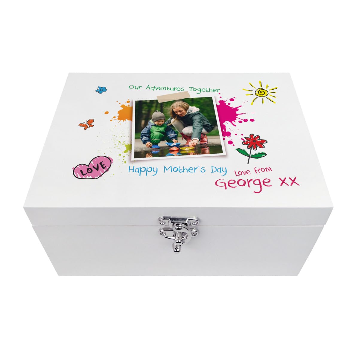 Caja de recuerdos personalizada de madera blanca con texto en inglés "Our Adventures Together", para mamá/abuela, de los niños/nietos | Día de la Madre, Día del Padre | 30 cm x 23 cm x 18 cm
