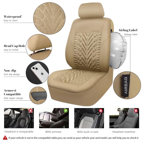 Image of CAR PASS Neoprene Waterproof Seat Covers Full Sets, Wetsuit Car Seat Covers 5 Seats Universal Fit for Vans, Truck, SUV, 3D Tyre Embossed Seat Covers Anti Slip with Armrests, Aibag Compatible All Beige