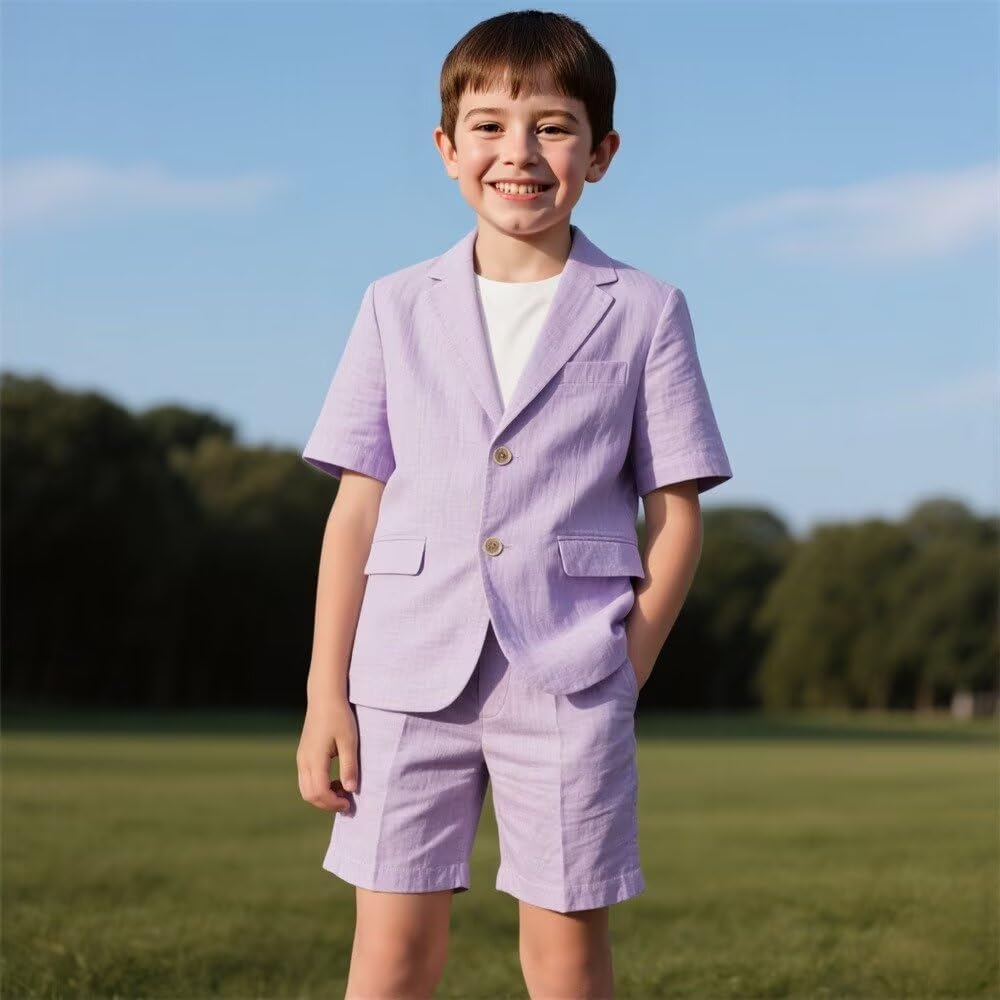 Boys Linen Suits Kids 2 Piece Suit Boy Formal Ring Bearer Tuxedo Outfit Summer Jacket and Shorts Set for Beach Wedding