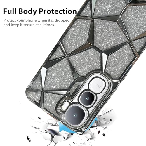 Image of VONZEE Gradient Glitter Case for VIVO Y400, Luxury Electroplated 3D Cube, Diamond Bling Shiny Soft TPU Clear Shockproof Women Girls Protective Phone Cover (Silver)