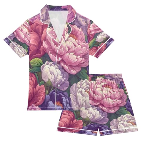 Satin Pajama Sets Short Sleeve Colors Floral Pattern Button Down Silky Nightwear 2 Piece PJS 5-14Y