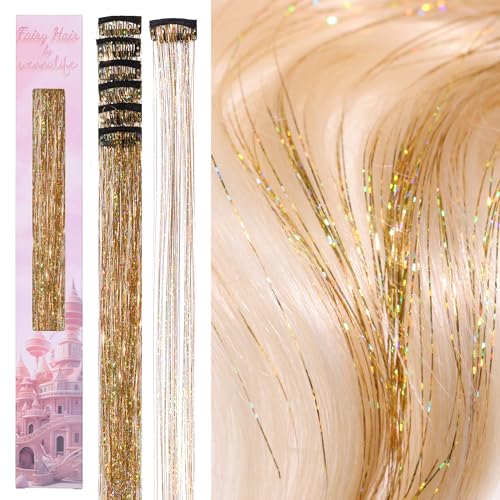 Image of WENNALIFE Hair Tinsel Clip In for Girls Gold, 6pcs 24 inch Clips Tinsel Hair Extensions Clip in Colorful Glitter Clips Sparkle Fairy for Kids