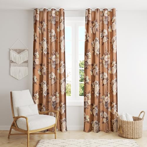 Image of Homefab India Eyelet Polyester Floral Long Door Curtain - 8 ft, Light Brown - 2 Piece