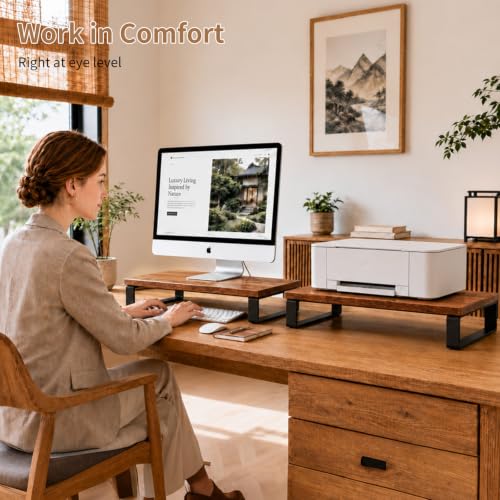 Image of XINYAO 2 Pack Monitor Riser for Desk, Wood and Steel, 16*12*3 inch, Brown