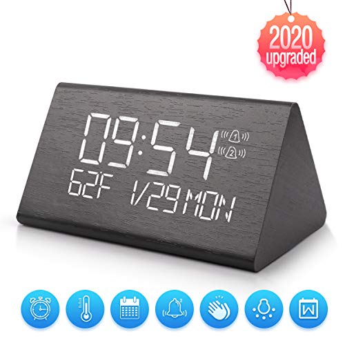 Yeslike Digital Alarm Clock, Adjustable Brightness Voice Control Desk Wooden Alarm Clock, Large