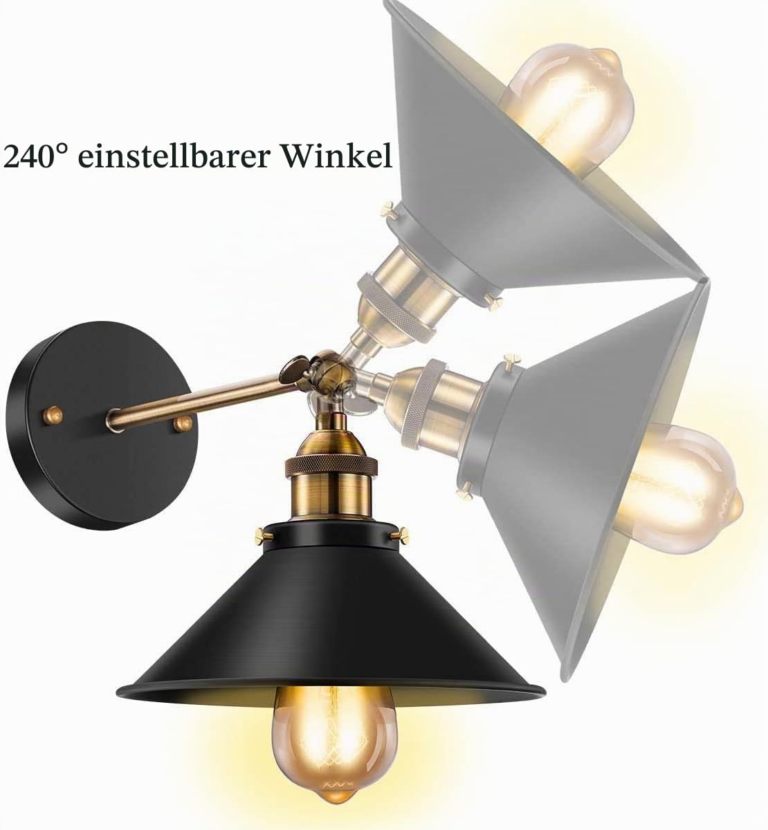 FIRVRE Wandleuchte Industrial mit Schirm, Wandlampe Innen Schwarz E27 Industrial Style, Wandlampe Rustikal Vintage Einstellbarer Lichtkopf für Schlafzimmer, Wohnzimmer, Treppen, Flur(2er Pack)