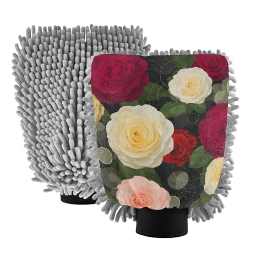 ALAZA Rose Flowers Floral Car Wash Mitt Scratch Free, 2 Pack Absorbent Microfiber/Chenille Washing & Drying Mitts, M