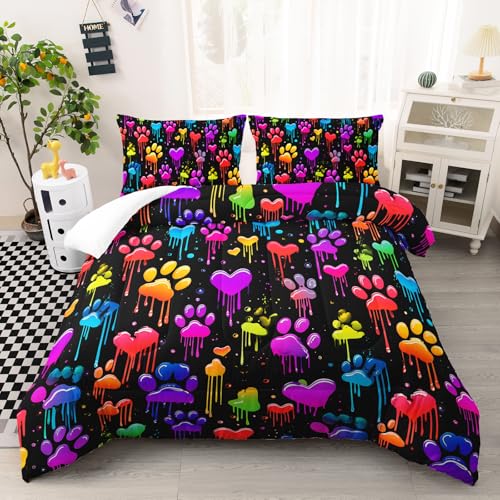 Image of AILONEN Colorful Dripping Paw Print Comforter Set Queen Size,Graffiti Theme Bedding Sets for Kids Girls Boys Bedroom Decor,3-Pieces,1 Quilt and 2 Pillowcases