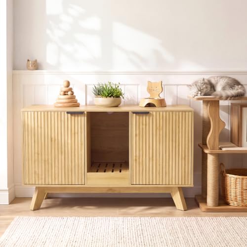 Image of Seang Double Cat Litter Box Enclosure for 2 Cats,Fluted Hidden Litter Box Furniture with Litter Collector & Scratch Pad,47 inch Large Enclosed Cat Cabinet,Cat House,TV Stand,for Living Room,Natural