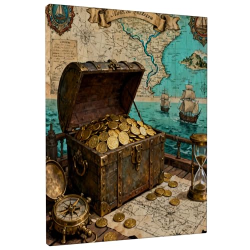 1 lienzo vintage de mapa del tesoro para pared, 8 x 12, mapa de ruta del cofre del tesoro, arte de pared para sala de estar, baño, entrada pequeña, decoración estética vertical para dormitorio