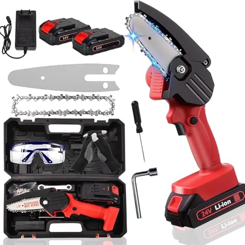 Wood Ranger - Portable Wood Ranger Mini Chainsaw, One-Hand Handheld 4 Inch Cordless Mini Chain Saw Battery Powered with 2 Batteries, Yard, Home and Garden, Wood Cutting (2PCS Battery Red)