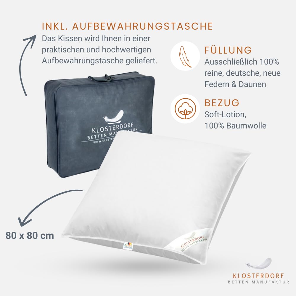 Klosterdorf Bettenmanufaktur Premium Kopfkissen - ''Propper'' - 80x80 cm - 900 Gramm - weich - Handarbeit aus Deutschland - Für einen gesunden Schlaf