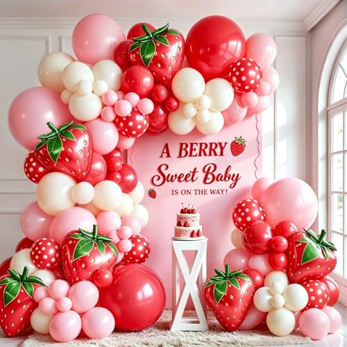 Strawberry Balloon Arch Kit Red and Pink with 27inch Strawberry Foil Balloons for Sweet Girl Berry First Birthday Baby Shower Valentines Day
