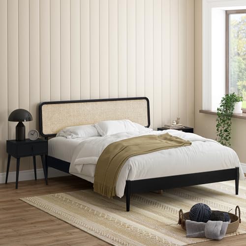 Image of NTC Lupin Wooden Bed Frame with Headboard and Natural Rattan, Solid Oak Foundation with Silent Slats, 1000 Lb Capacity, Effortless Assembly, Queen - Burnt Black