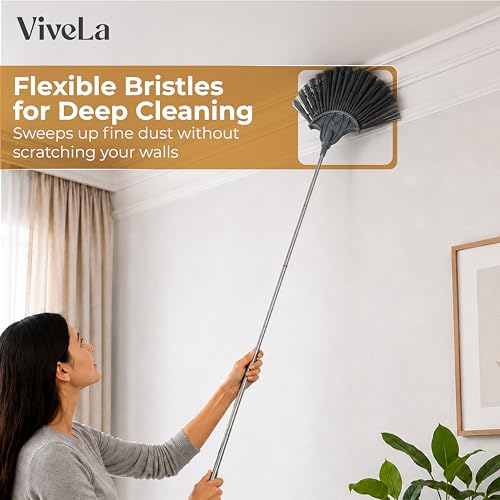 Image of Vivela Extendable Ceiling Broom with Long Handle | Multipurpose Cleaning Brush for Ceiling, Walls, Fans, and Corners | Lightweight Durable Broom Stick for Dust, Spider Web Cleaning
