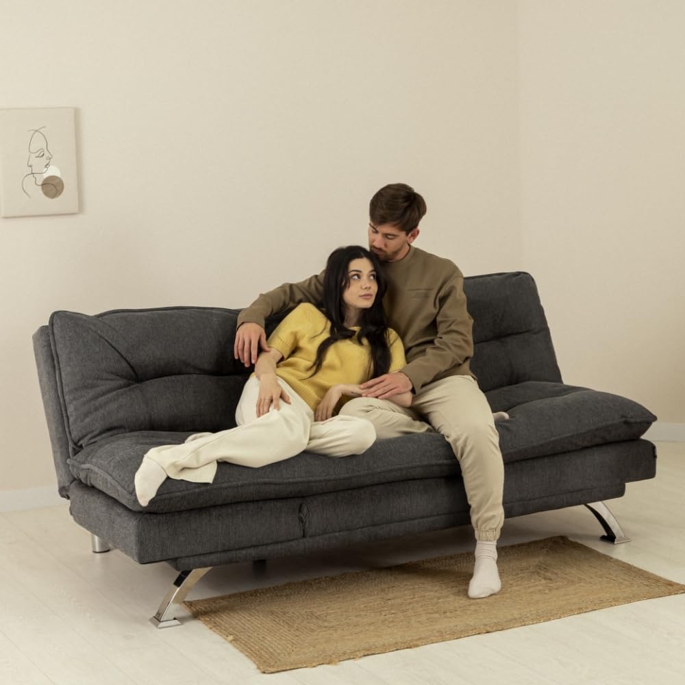 Nalui - Sofá Cama 3 Plazas Acolchado Extra 194x103x92cm Cloud Dots con Apertura Clic-Clac Y 6 Reclinaciones Laterales. Sofá Cama Chaise Longue con Patas de Metal Convertible en Cama Doble | Gris