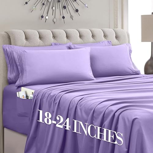 Image of Mocassi Luxury 6-Piece Sheet Set, Ultra Soft 1800 Premium Hotel Quality Microfiber Sheet Set, Fits Mattresses Up to 18 to 24 Inches Extra Deep Pocket - Breathable and Secure Fit, Full, Lavender