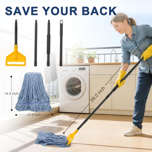 Image of KeFanta 2 Pack Commercial Mop Heavy Duty Industrial Mops,60 inch Long Handle with Looped-End String Cotton Wet mop Head Replacement for House,Kitchen,Laminate,Tile,Vinyl,Hardwood Floor Cleaning(Blue)
