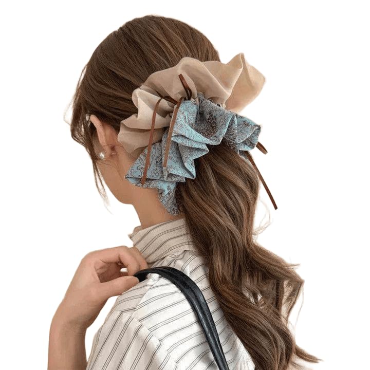 Melodio Vintage Floral Print Large Satin Scrunchies for Women, Elegant Double Layer Chiffon Hair Scrunchy with Ribbon Ties, Soft Non Slip Hair Bands Ponytail Holders Aesthetic Hair Accessories for Daily Party Wedding-image-30