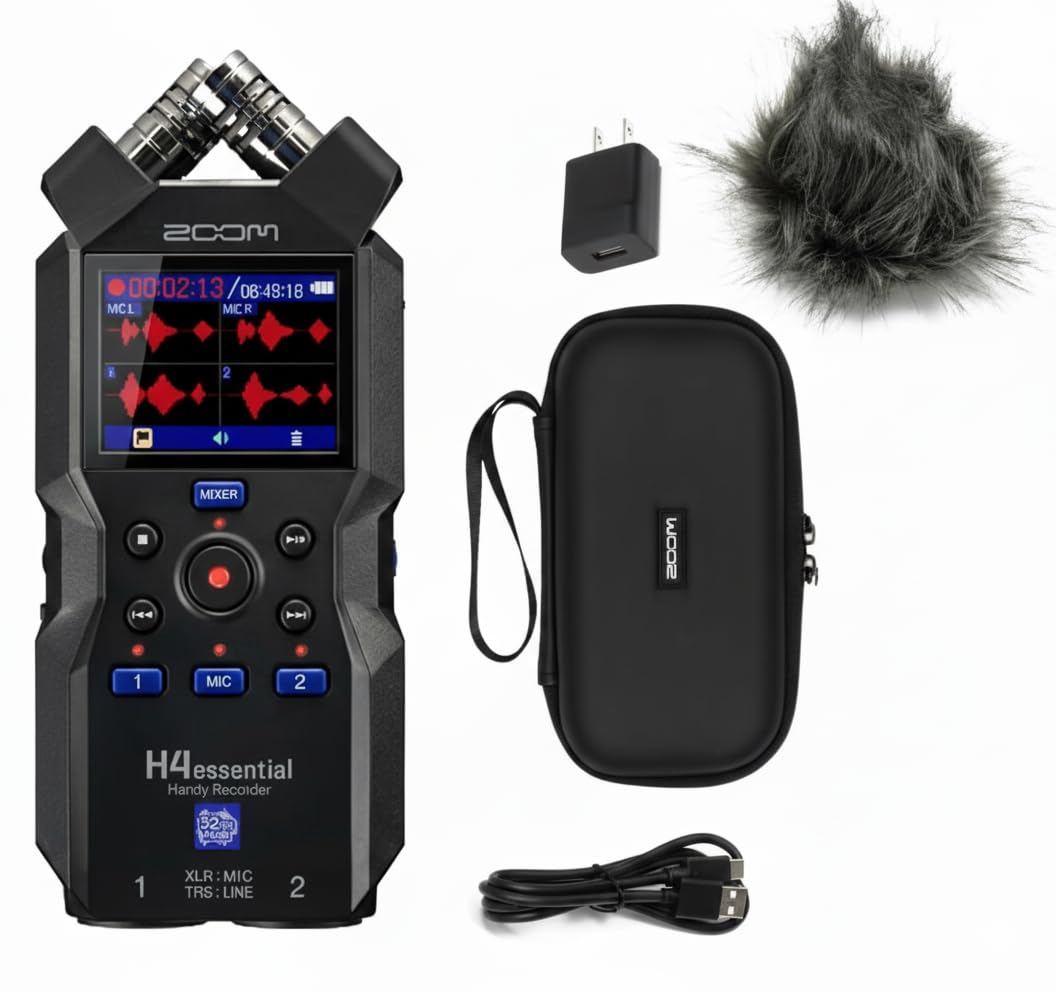 Zoom H4essential Tragbarer Audio-Recorder-Set mit 4 Spuren, 32-Bit, mit Zoom APH-4e Zubehörpaket mit haariger Windschutzscheibe, gepolsterter Hülle, AC-Adapter und USB-C-Kabel