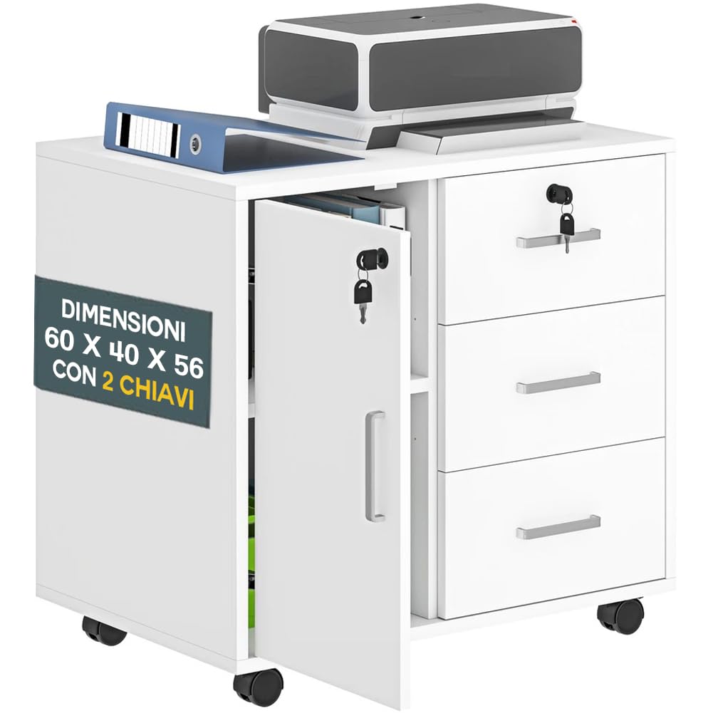BAKAJI Meuble de bureau pour classeur blanc avec 1 porte et 3 tiroirs, meuble polyvalent avec double clé et roulettes pivotantes à 360 °, porte-documents avec clé, 60 x 40 x 56 cm