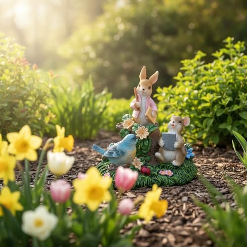 Estatua decorativa de resina conejo ratón y pájaro jardín miniatura 5