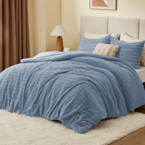 Image of BEDELITE Faux Fur King Size Comforter Set, Fluffy Bed Set, Blue Fog | Super Soft & Warm, Luxury Fuzzy Cozy Comforter for Winter, Heavy Plush Bed set, with 2 Pillowcases