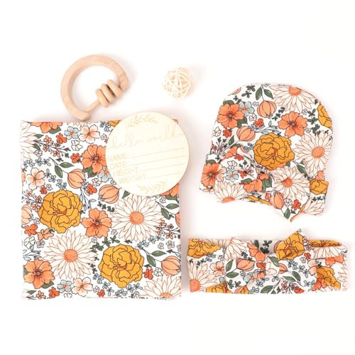 Image of DRESHOW BQUBO Baby Girl Newborn Floral Receiving Blankets with Bow Hat Headband Wooden Birth Announcement Card Set Newborn Baby Swaddling Hats Swaddle Blanket Toddler Warm Shower Gift