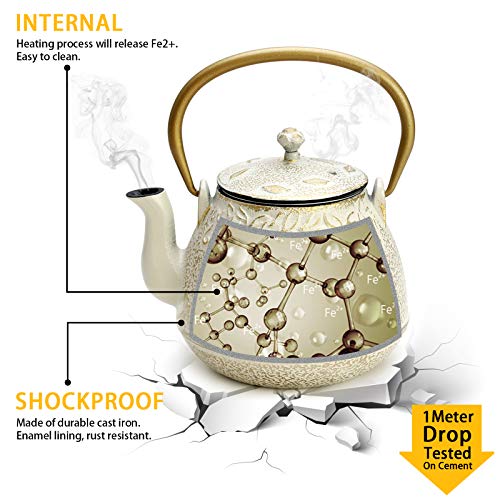 Cast Iron Tea Kettle, TOPTIER Japanese Cast Iron Tea Kettle with Infuser, Cast Iron Teapot Stovetop Safe, Leaf Design Tea Kettle Coated with Enameled Interior for 32 Ounce (950 ml), Warm Beige - Thumbnail 5