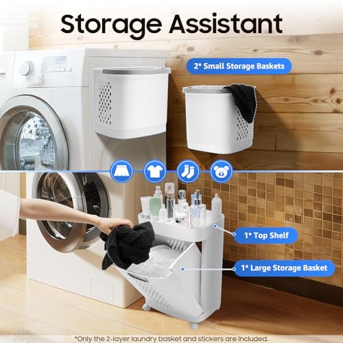 2-Tier Movable Household Laundry Basket,Bathroom Clothes Storage Basket,Floor-Standing Large Hand-Held Laundry Hamper Holder With Handle & 4 Wheels,Breathable Hollows,For Bedroom, Bathroom.