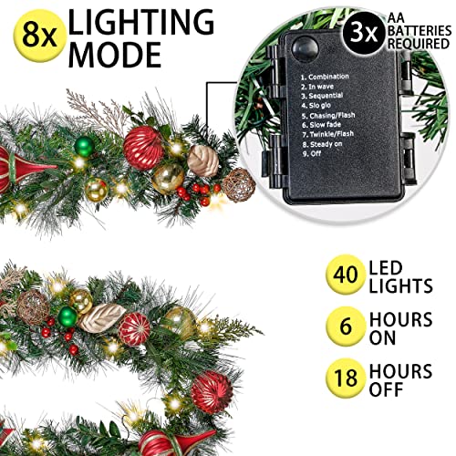 Valery Madelyn Pre-Lit 9 Feet Traditional Red Green Gold Christmas Garland With 40 Led Warm Lights And Ball Ornaments Berries For Front Door Window Fireplace Mantle Xmas Decor, Battery Operated #TOP3