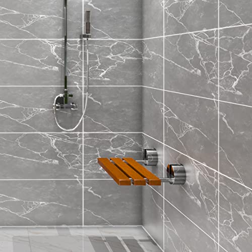 OasisCraft 20'' Folding Teak Shower Bench Seat for Inside Shower, Wood Shower Stool Fold Down 400 Lbs Capacity Wall Mounted Medical Shower Seating Smooth Shower Chair for Seniors, Adults, Disabled
