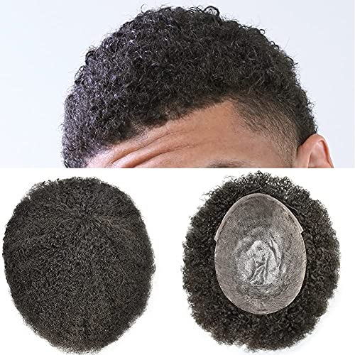 LYRICAL HAIR Afro Curl Toupee for Black Men 10X8 Full Poly African American Human Hair Systems All Injected PU Skin Hairpiece Replacement Kinky Curly Mens Wigs (Afro Wavy 6mm, #1B Off Black / Natural Black)