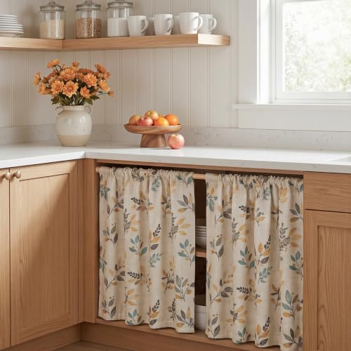 Image of MYSKY HOME Linen Kitchen Tier Cafe Patterned Curtains 24 Inch Length 2 Panels Farmhouse Semi Sheer Privacy Small Window Treatments Rod Pocket for Bathroom Basement, Yellow and Blue, 30 inch Each Panel