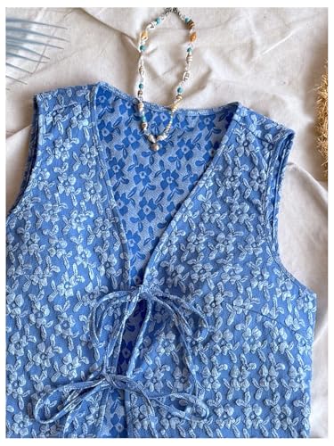 SHENHE Women's Tie Front Textured Floral Tank Top V Neck Sleeveless Casual Boho Vest3