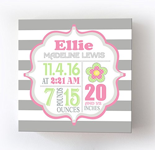 Personalized Stretched Canvas Birth Announcement Gift, Custom Baby Name, Date, Weight Stats, Newborn Flower Nursery Wall Art Decor, Wooden Frame Construction, Ready to Hang 24X24