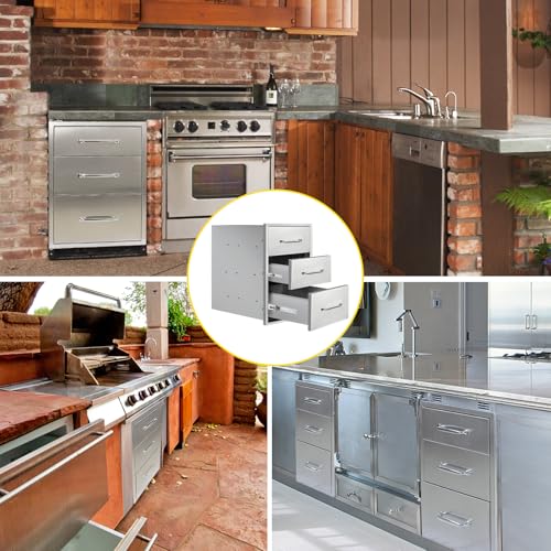 Image of Outdoor Kitchen Drawers 14 inch W x 21 inchH x 21 inchD Stainless Steel Drawer Flush Mount Triple BBQ Drawers with Chrome Handle for Outdoor Kitchen Island, Patio Grill Station