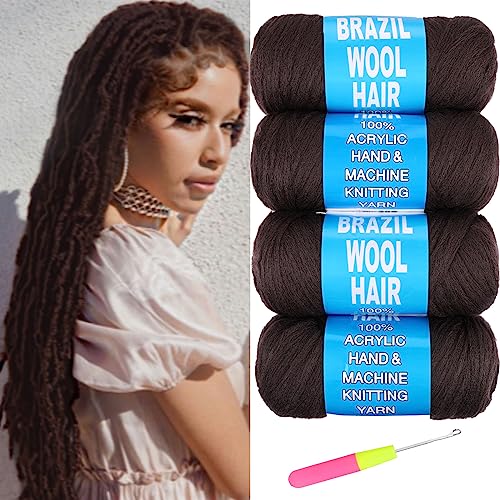 RuiYok 4 Pcs Dark Brown Brazilian Wool Hair for Braids Acrylic Hand Knitting Yarn for Hair Braiding Hair Extension Faux Locs African Crochet Braid(#4)