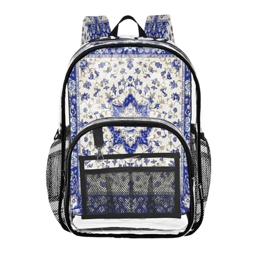 Blue and White Porcelain Foral Clear Backpack - Stadium Approved Large 15.7-inch Waterproof Transparent Bag for Sports, Concerts, Work, Travel#12