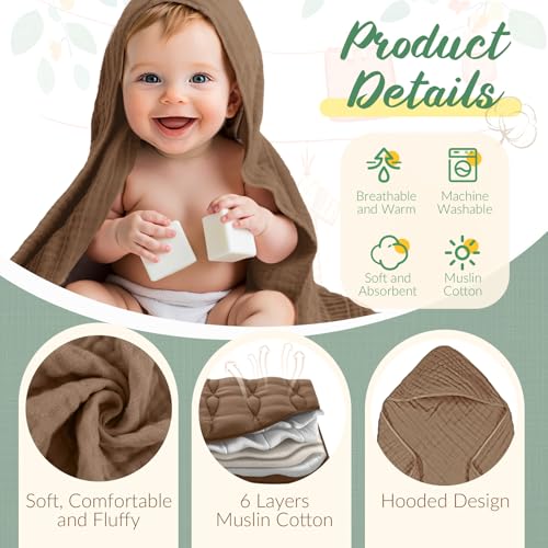 Image of VitalCozy 12 Pcs Baby Muslin Hooded Bath Towels and Washcloths, Muslin Hooded Baby Towels Absorbent Blankets for Gift Newborn Infant Shower (Warm Color)