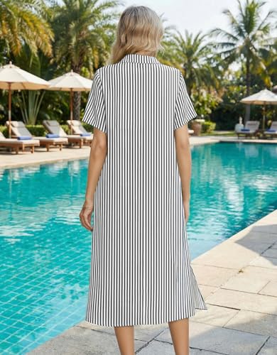 Image of HOTOUCH Womens Dress Summer Casual Midi Short Sleeve Button Down Shirt Dresses Loose Beach Cover Up with Pockets