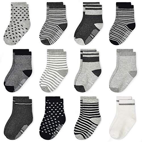 Image of Tphon 12 Pairs Toddler Non Skid Socks with Grips Anti Slip Bottom, Cotton Non Slip Ankle Crew Socks for Boys, Girls, Kids(1-7Years)
