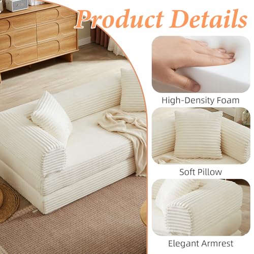 Image of 78 Inch Convertible Futon Sofa Bed,Folding Boneless Couch with Sleeper Sofa,Fold Out Floor Sofa Couch with Deep Seat,Cloud Corduroy Foldable Mattress Couches for Living Room(Off White)